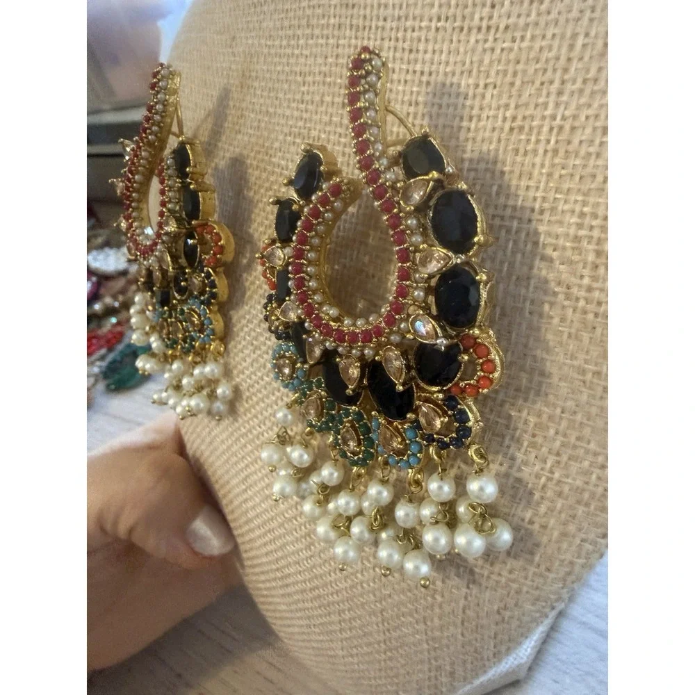 Black And Multicolor Turkish Statement Earrings Gold‎ Tone Pierced Double Lock